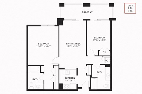 Floor plan for 2 beds, 2 baths, 1005 sqft